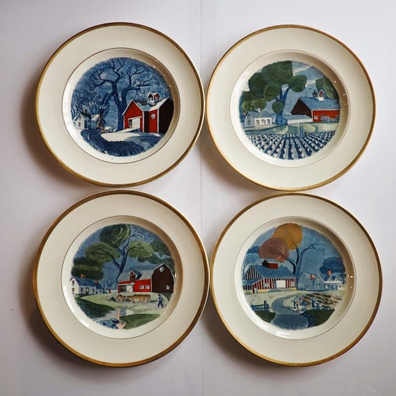Vintage Adams China The Red Barn Plates Set of 4 January May June October by Dale Nichols Made in England