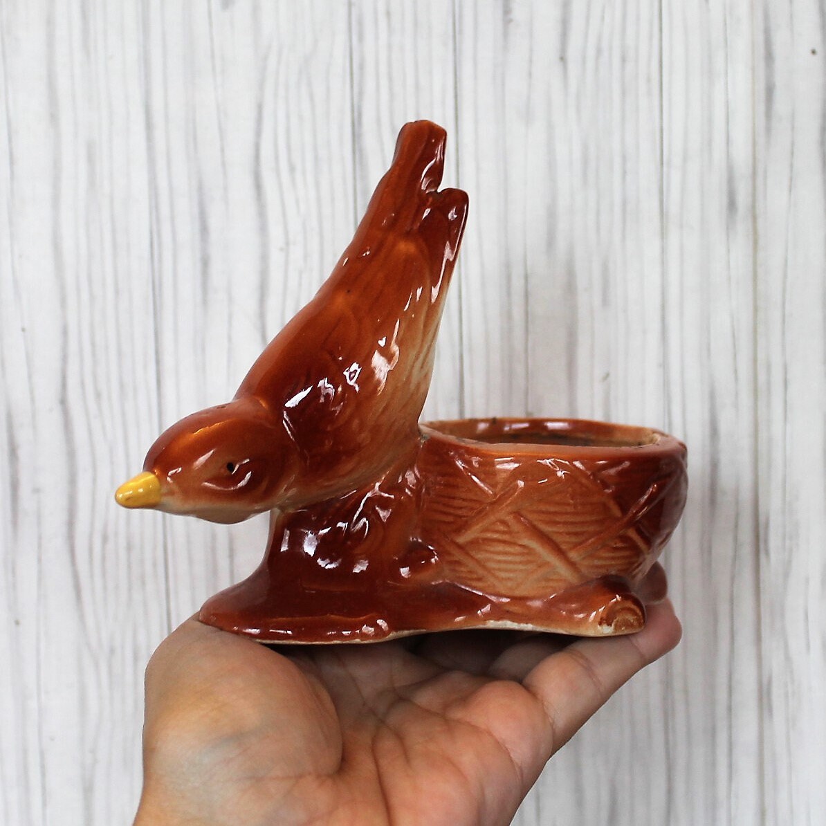 Vintage Stoneware Bird and Nest Planter Flower Pot Rust Orange Brown