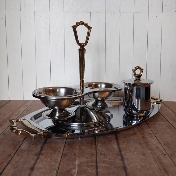Vintage KROMEX Serving Set of 3 Rectangular Tray Platter Condiment Bowl Server and Sugar Bowl