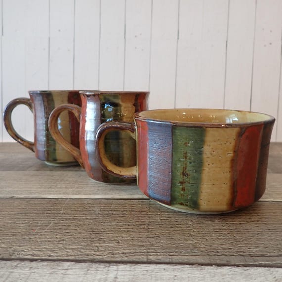 Vintage Otagiri Style Stoneware Mug and Soup Mug Bowl with Handle Set of 3 Matching Tan Green and Brown Red Banded Striped Design