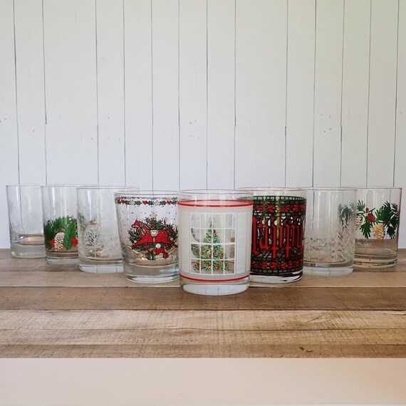 Vintage Mismatched Christmas Old Fashioned Glasses Set of 8 Mix and Match Holiday Drinkware Whiskey Rocks Glasses Party Barware