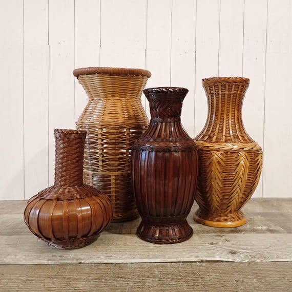 Vintage Wicker Vase Set of 4 Tan and Brown Woven Design with Plastic Insert Asian Inspired Boho Decor