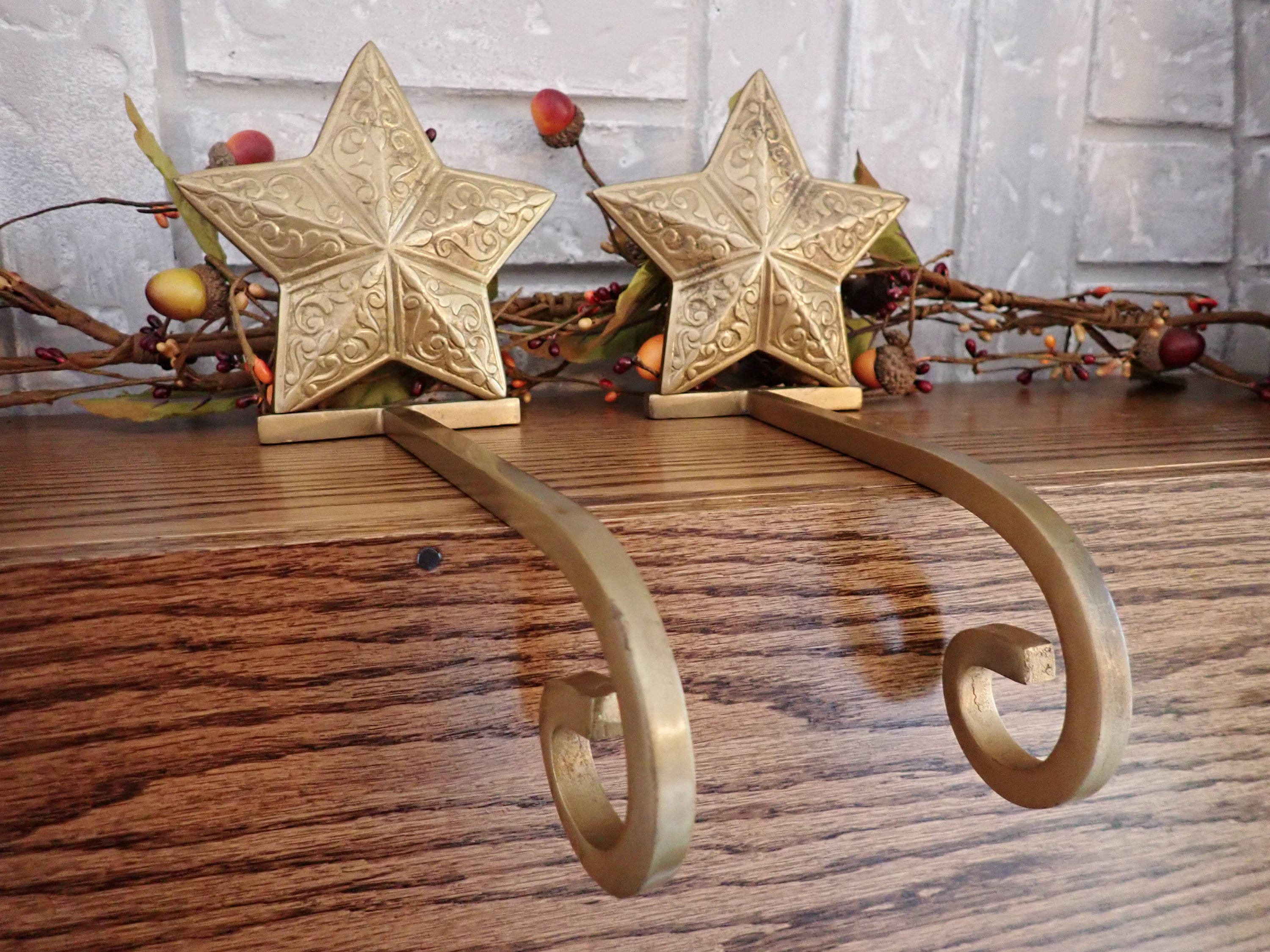 Vintage Brass Star Stocking Hanger Hook Holder Set of 2 Christmas
