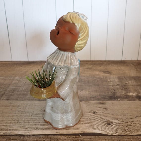 Vintage UCTCI Pottery Girl Caroler Figurine Angel Singing Choir Christmas Decor Terra Cotta Japan Jullar Style