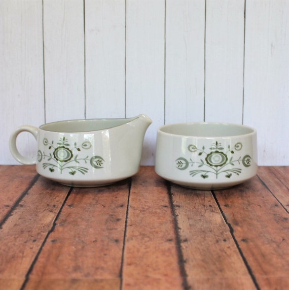 Vintage Franciscan HERITAGE Sugar Bowl and Creamer White with Green Flower and Leaf Design