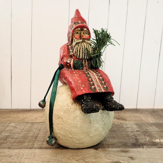Vintage Pam Schifferl Primitive Santa on Snowball Figurine Santa Claus with Christmas Tree