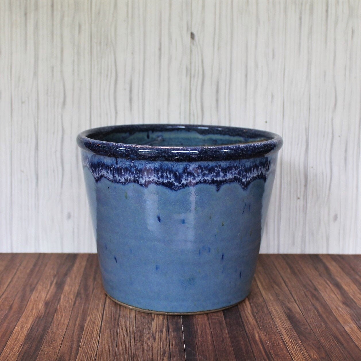 Vintage Stoneware Pottery Planter Blue and White Drip Glaze Hand Made