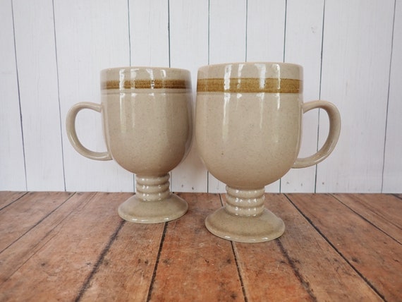 Vintage Stoneware Footed Mug Set of 2 Beige and Tan Irish Coffee Cups  Japan Otagiri Style Mid Century Modern Pottery