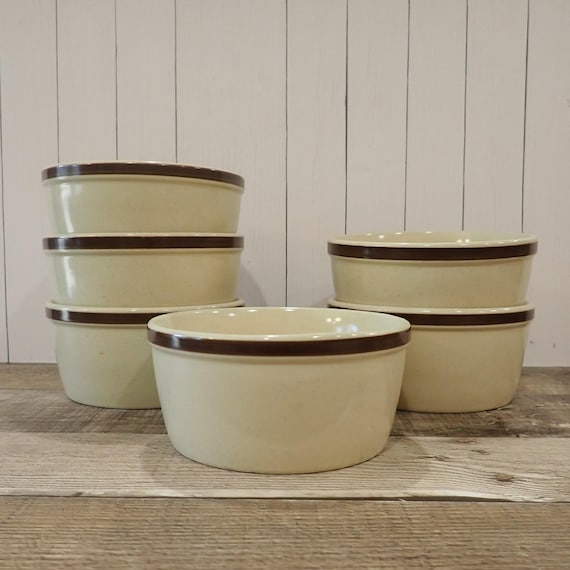 Vintage Mikasa Potters Art SAND DUNE Fruit Dessert Bowl Set of 6 Cream with Brown Stripes Banded Rim Ben Seibel Design