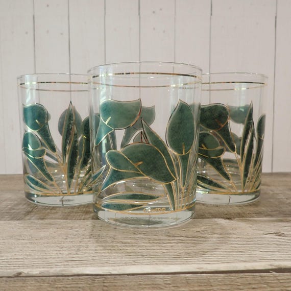 Vintage Culver Calla Lily Old Fashioned Glass Set of 3 Glasses with Green Flower Design