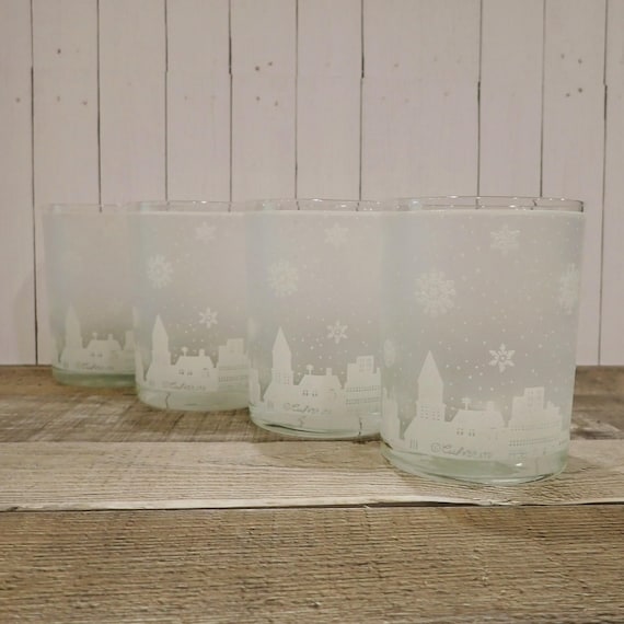 Vintage Culver Frosted Old Fashioned Glass Set of 4 Glasses with White Village Scene with Snowflakes Winter Design Holiday Drinkware