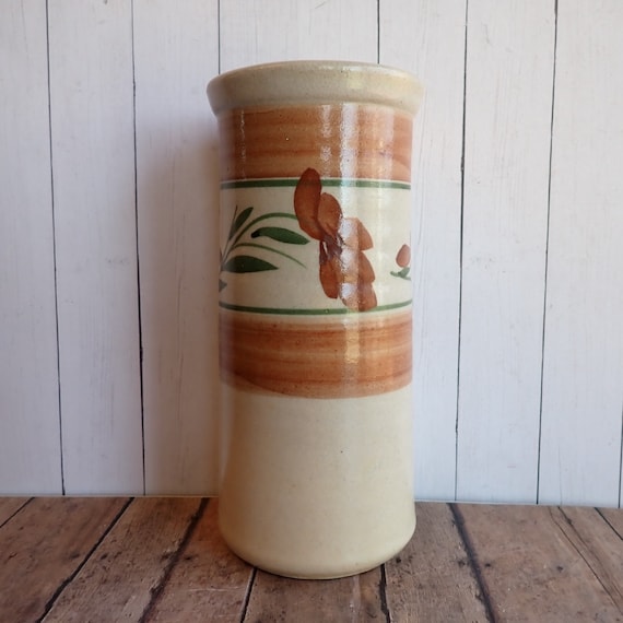 Vintage Stoneware Pottery Vase White Green and Brown Leaf and Floral Flower Design Hand Painted Studio Pottery