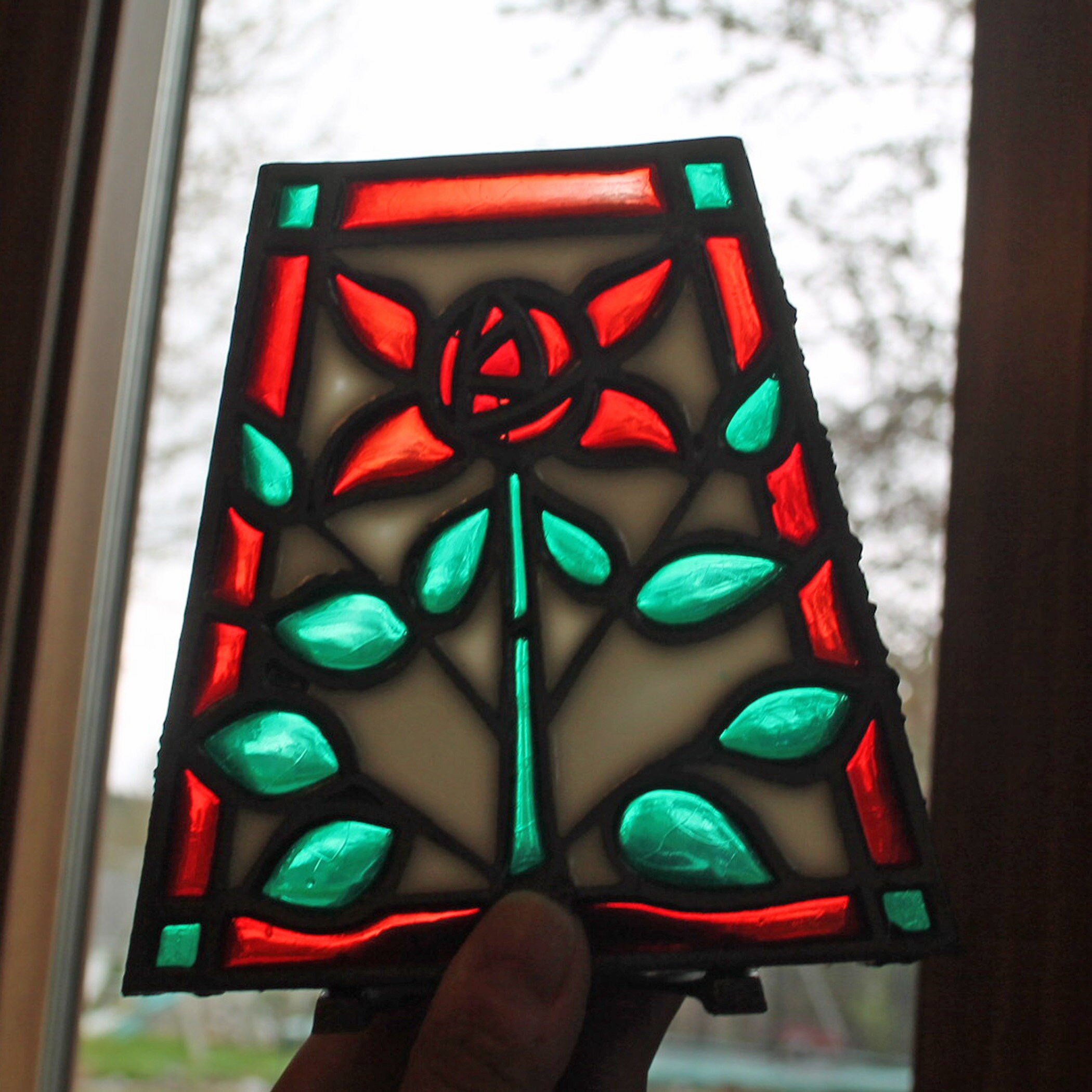 Vintage Stained Glass Candle Holder Set of 2 Suncatcher Red Rose Blue
