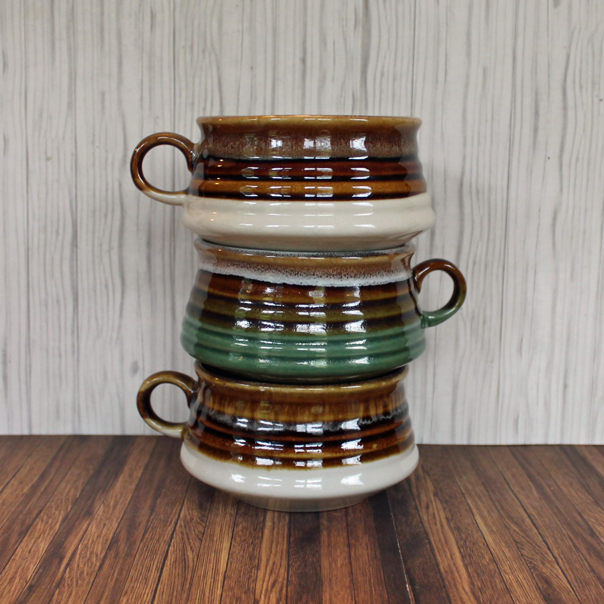 Vintage Stoneware Soup Bowl Mug with Handle Set of 3 Brown Drip with