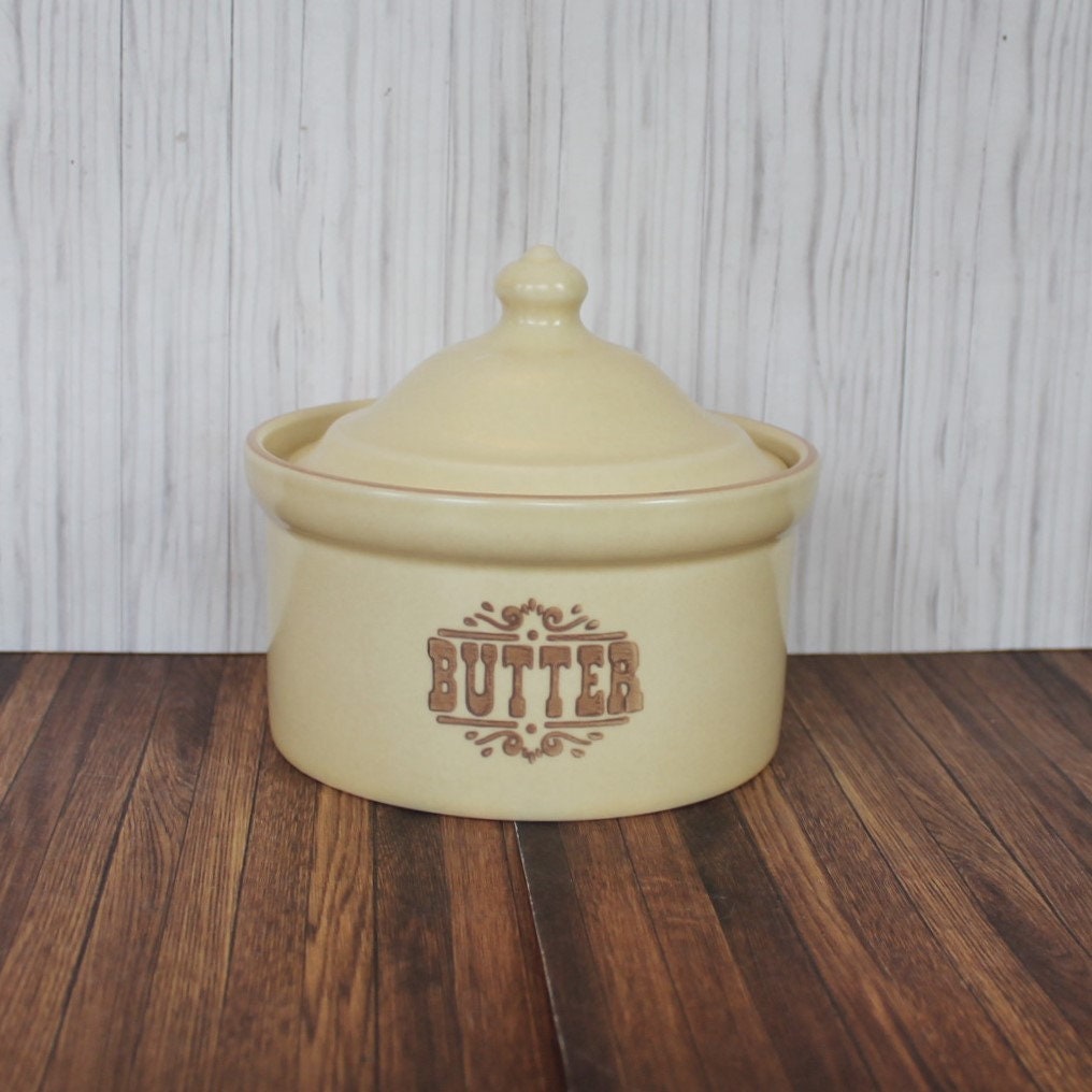 Vintage Pfaltzgraff VILLAGE Butter Tub with Lid Dish Crock Cream with Brown Design Free Shipping