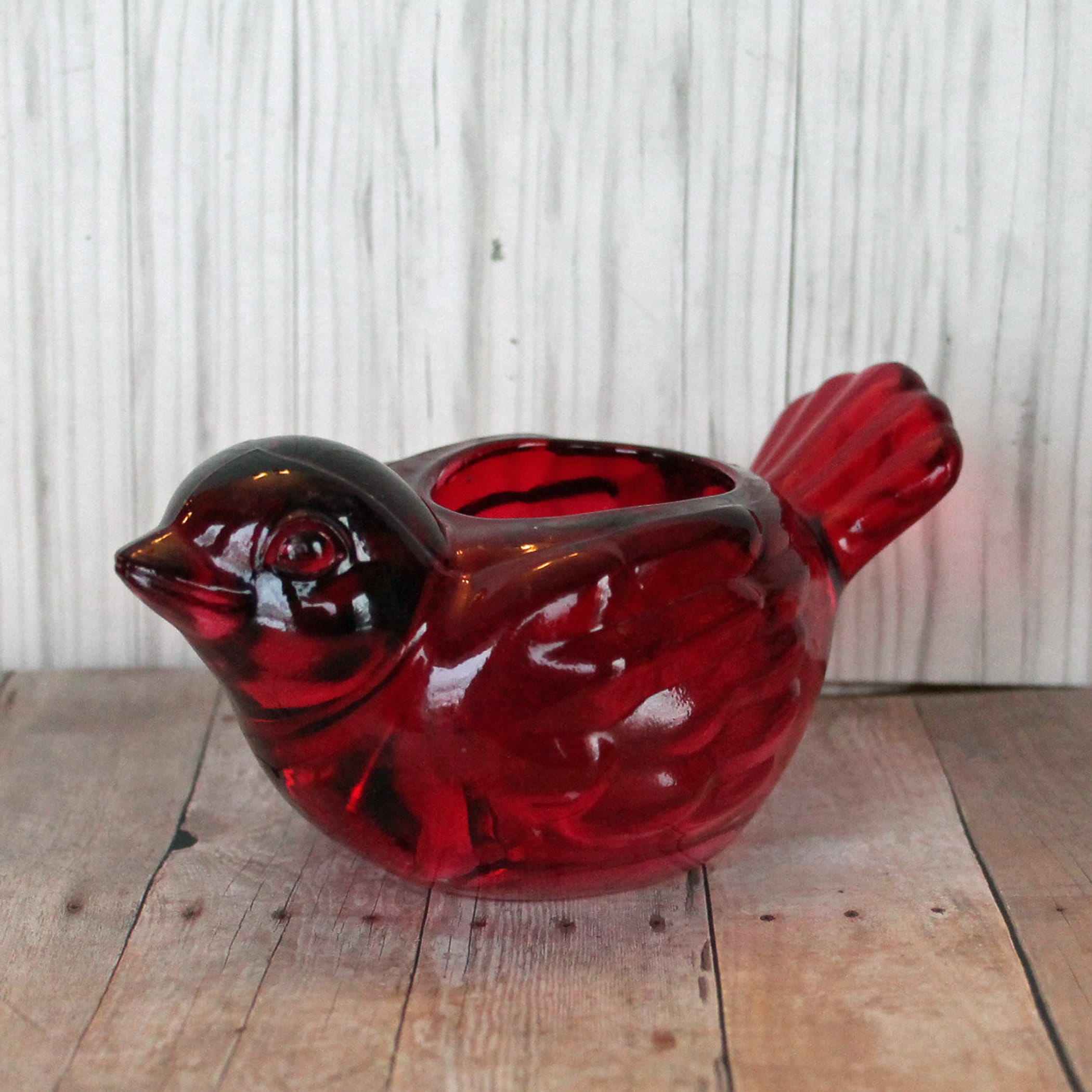 Vintage INDIANA GLASS Red Bird Votive or Tealight Candle Holder Figurine