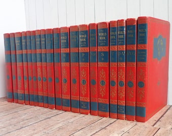 Vintage World Book Encyclopedia Book Set of 19 Red and Blue Decorative Books Set Printed in 1954