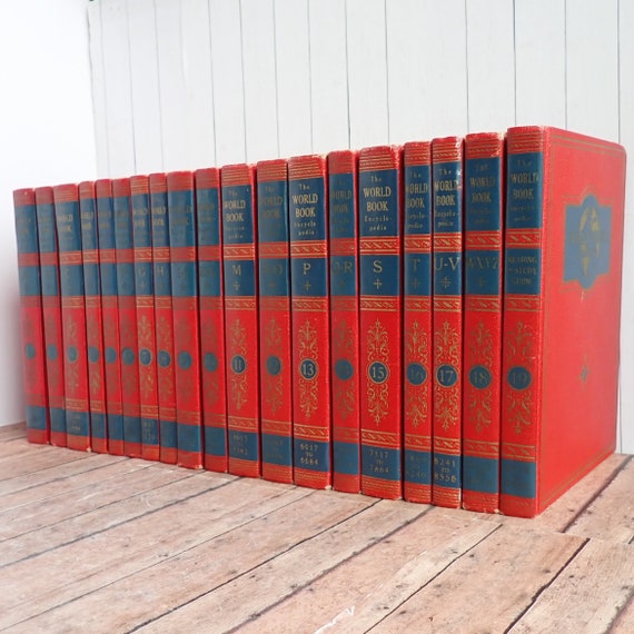 Vintage World Book Encyclopedia Book Set of 19 Red and Blue Decorative Books Set Printed in 1954