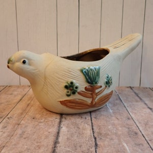 Vintage Stoneware Bird Planter Flower Pot Tan with Green and Brown Flower Floral Design Garden Patio Decor