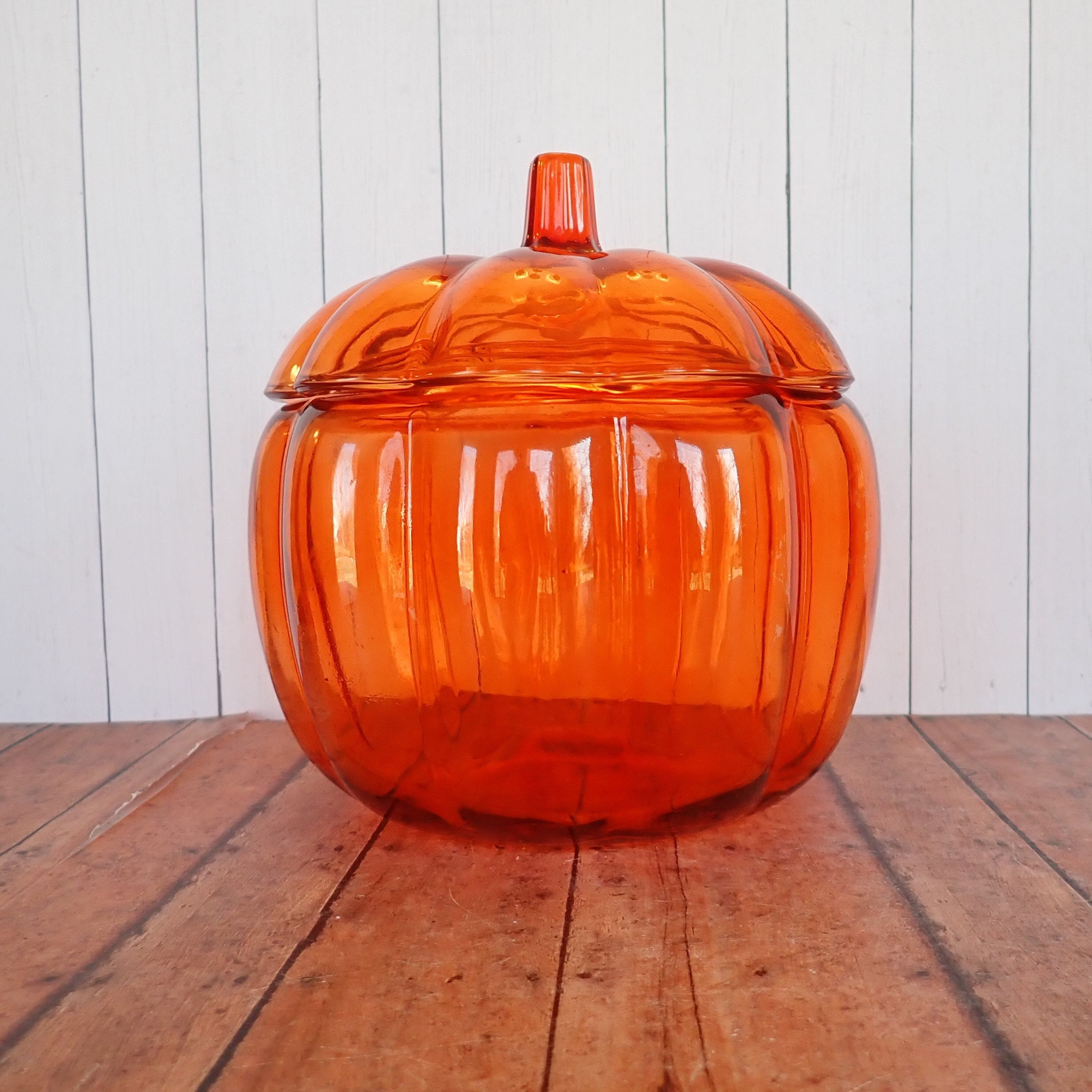 Vintage Orange Glass Pumpkin Jar Canister Candy Dish Bowl with Lid