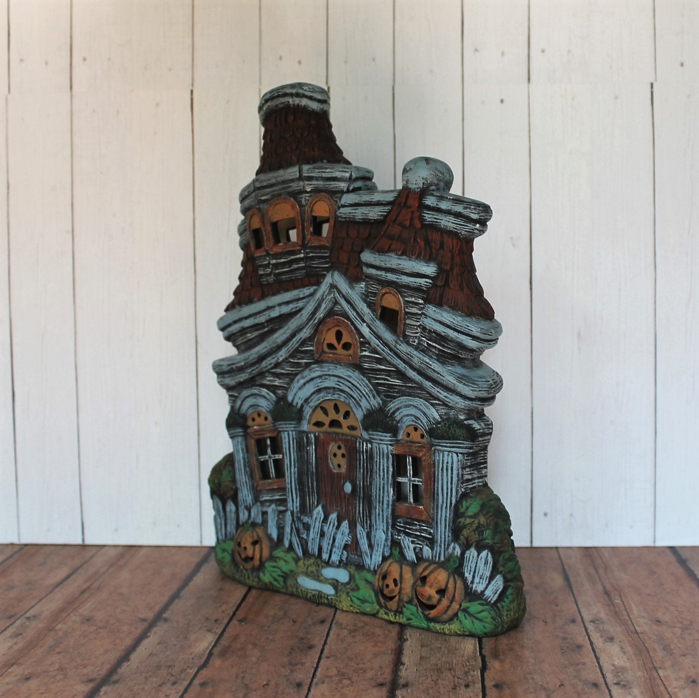 Vintage Ceramic Haunted House Halloween Figurine Luminary with Pumpkin Jack O Lanterns