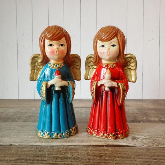 Vintage Christmas Ceramic Angel Figurine Set of 2 Red and Blue Gown Gold Wings