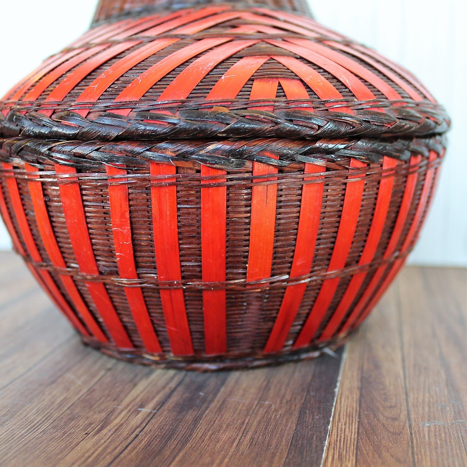 Vintage Woven Wicker Animal Bear Dog Basket Brown and Red Asian Basket