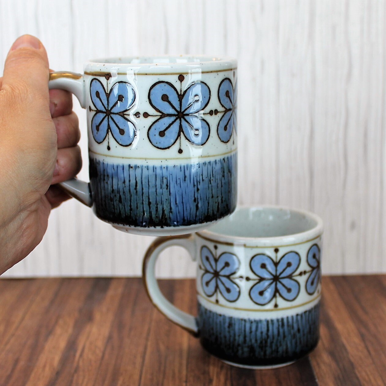 Vintage Stoneware Mug Set of 2 White with Blue and Brown Flower Floral