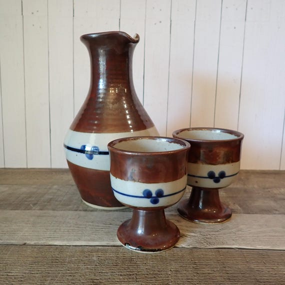 Vintage Takahashi Stoneware Pitcher Carafe and Goblet Set of 3 Brown with Blue and Brown Flower Design Otagiri Style