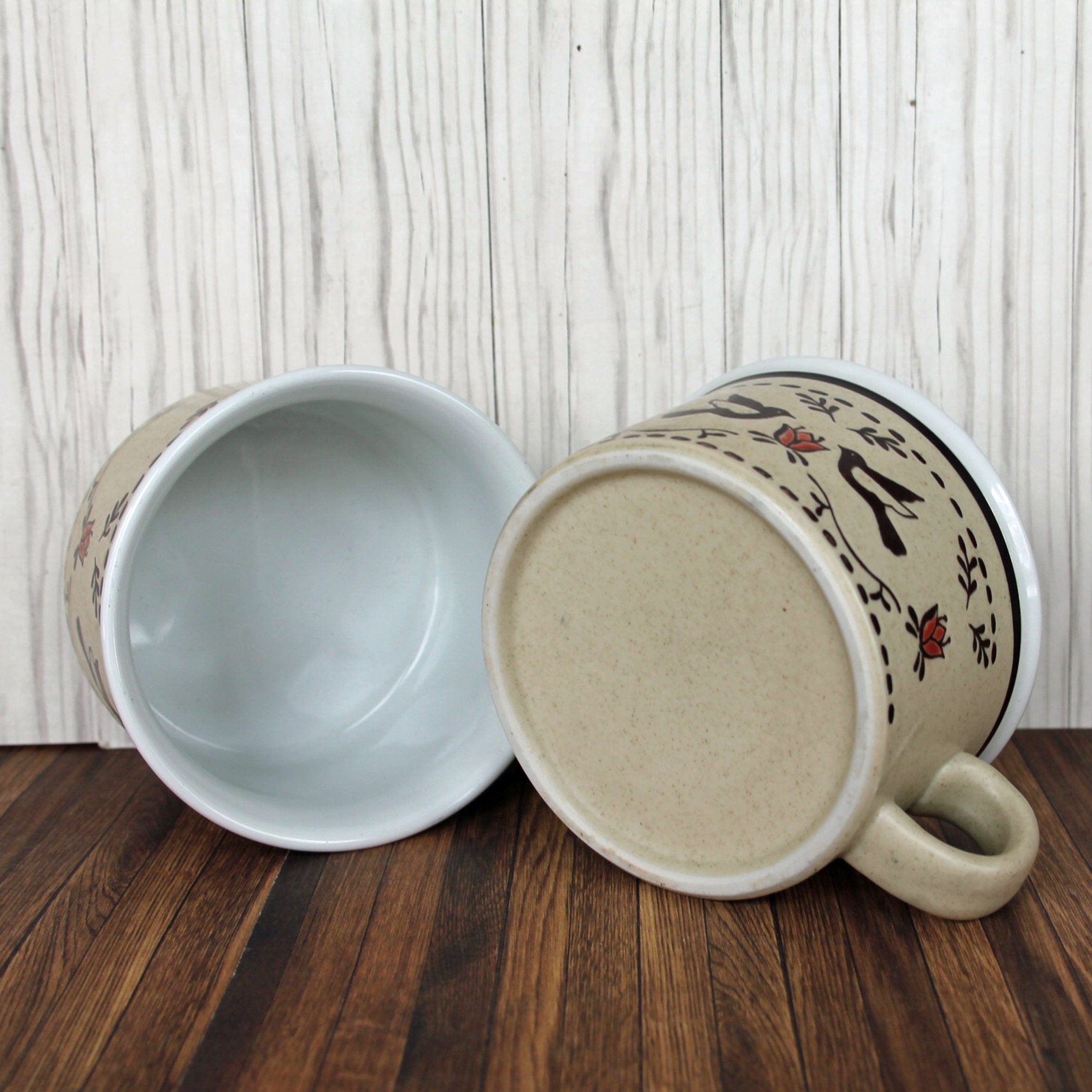 Vintage Soup Bowl with Handle Set of 2 Tan with Brown and Pink Bird ...