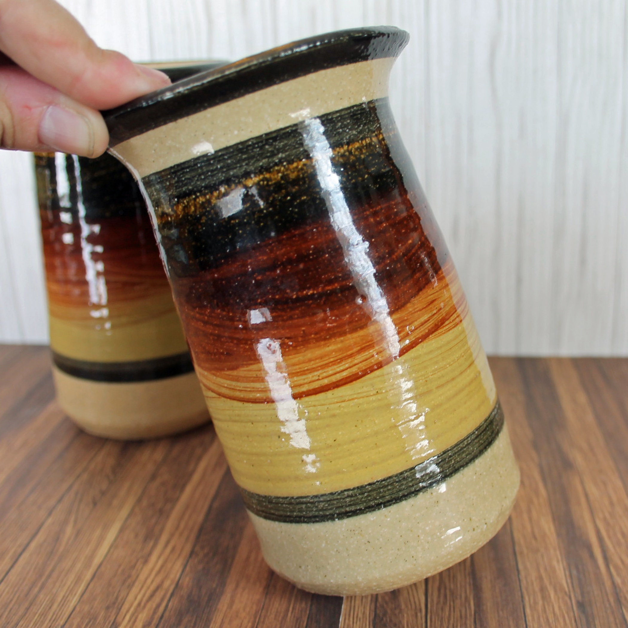 Vintage BLOOMINGTON POTTERY Vase Set of 2 Matching Vases Tan Yellow Red