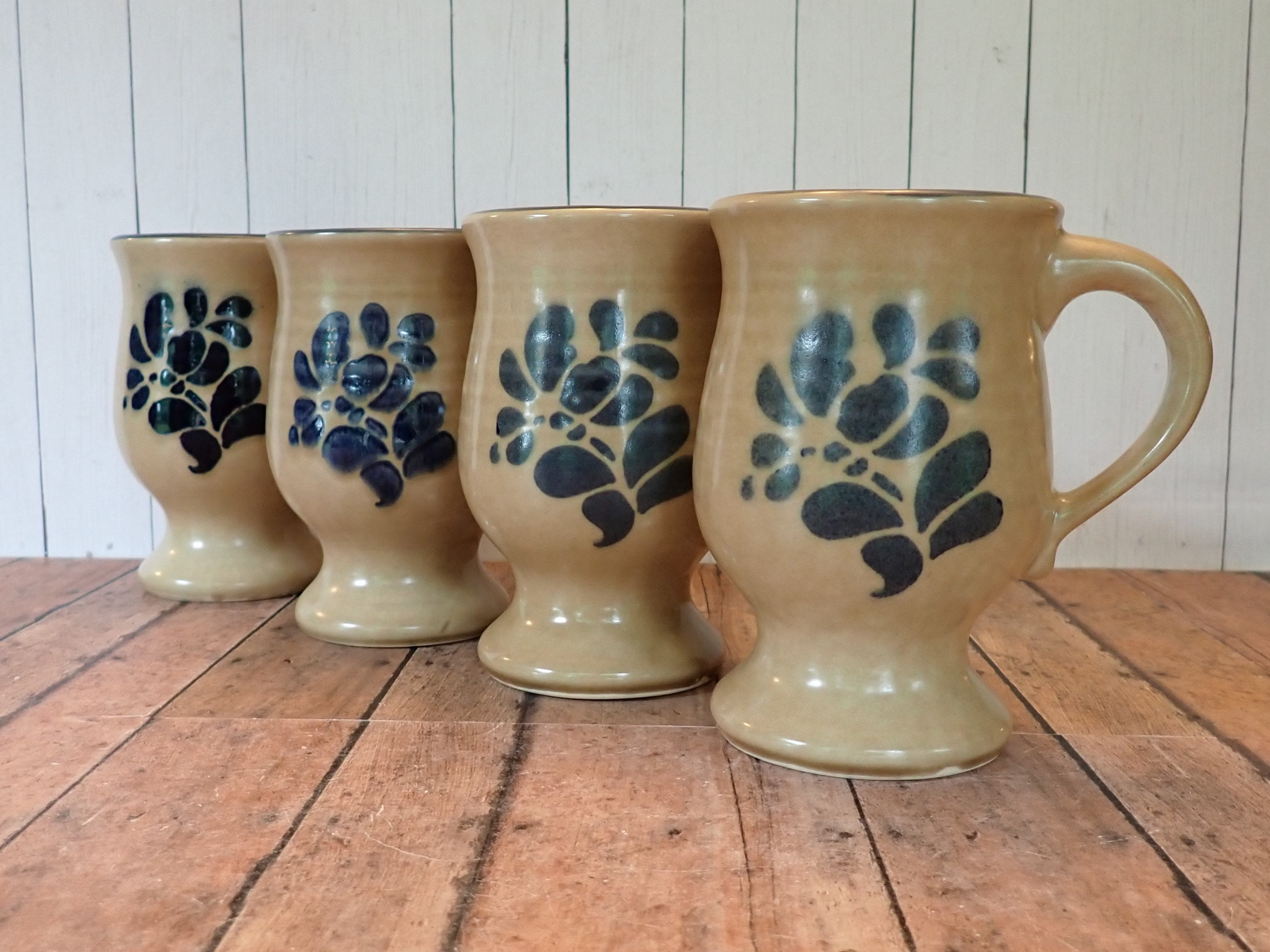 Vintage Pfaltzgraff FOLK ART Grangmug Footed Mug Set of 4 Footed