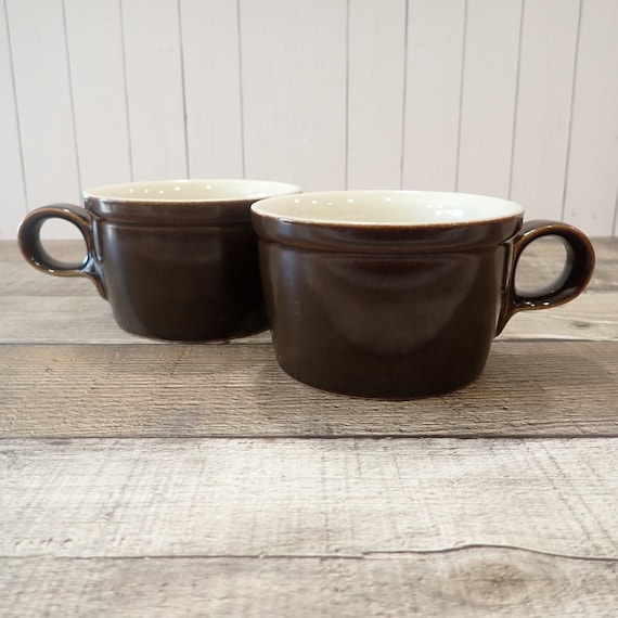 Vintage Mikasa Life Style WINDBLOWN Flat Cup Mug Set of 2 Brown and White Stoneware Mug Ben Seibel Design