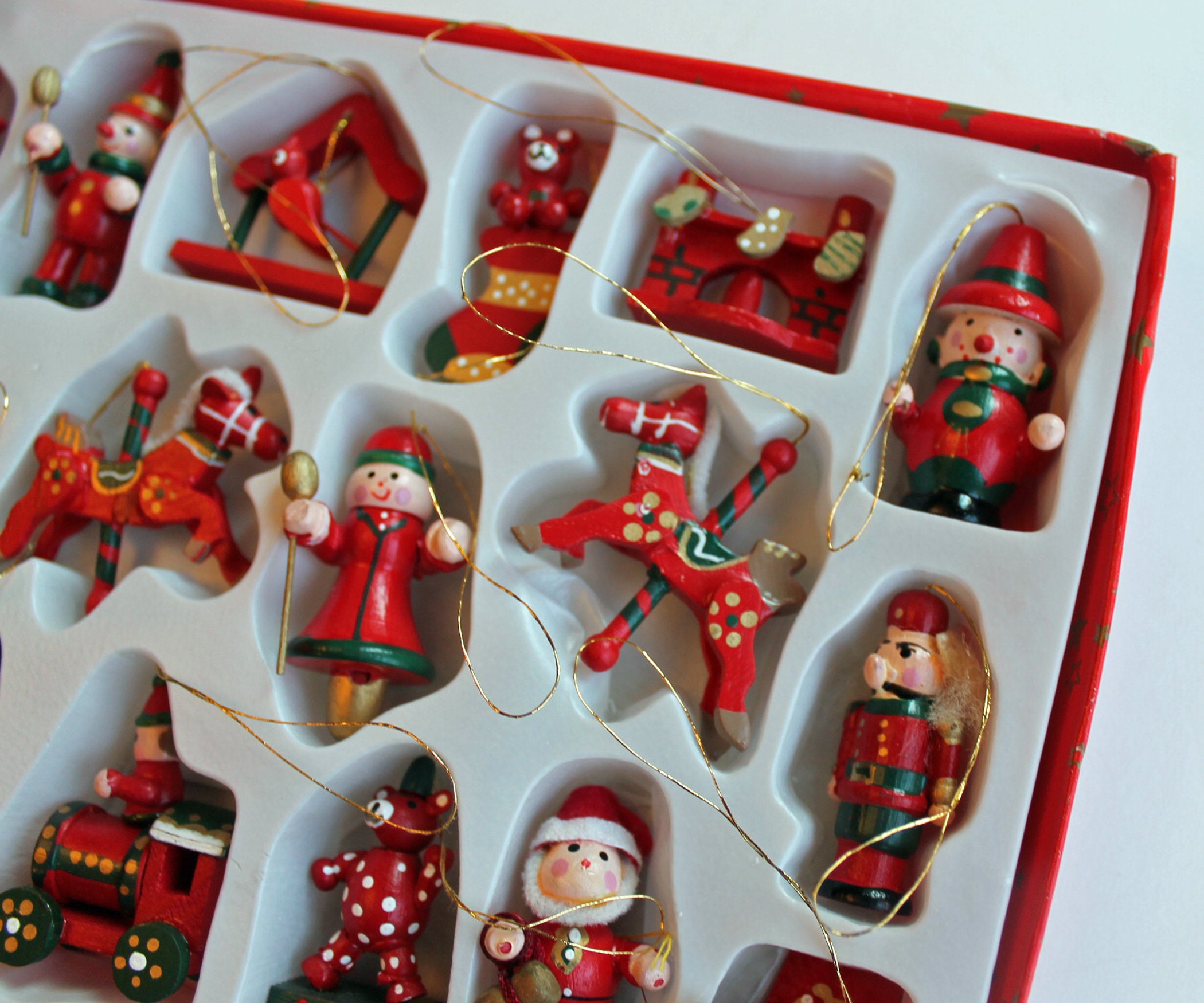 Vintage German Wooden Miniature Christmas Ornaments Set of 18 Tabletop Tree Decor Mini Wood