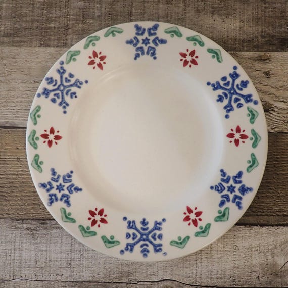 Vintage Pfaltzgraff NORDIC CHRISTMAS Salad Accent Plates Set of 7 Green Blue Christmas Tree Design Folk Art