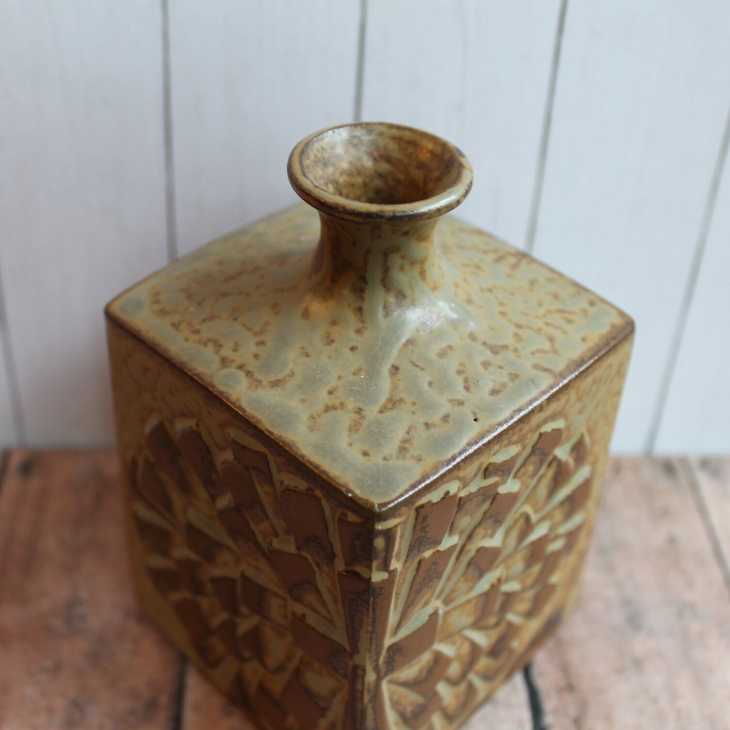 Vintage Otagiri Square Stoneware Vase with Brown Starburst Flower