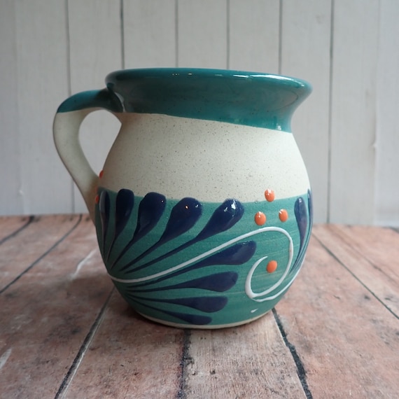 Vintage Mexican Pottery Redware Mug Stoneware with Blue Green and White Leaf Design Tequila Mexico