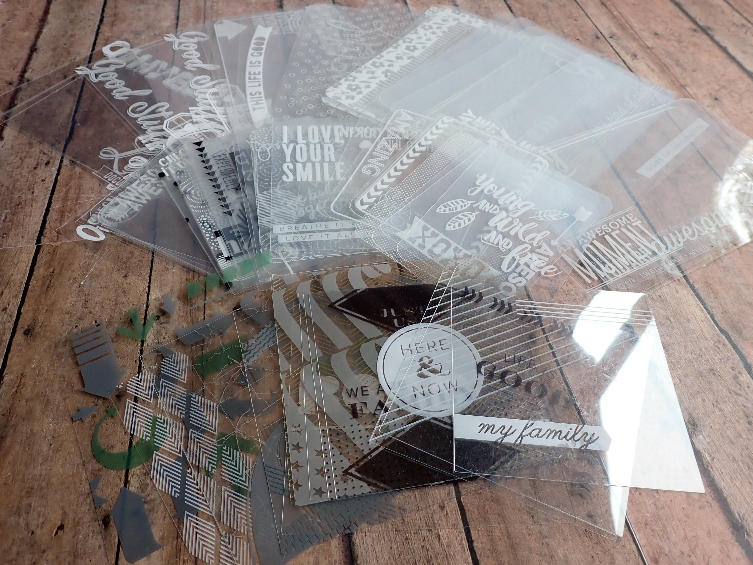 Scrapbook Clear Plastic Overlays with Words and Designs Set of 89 2x3