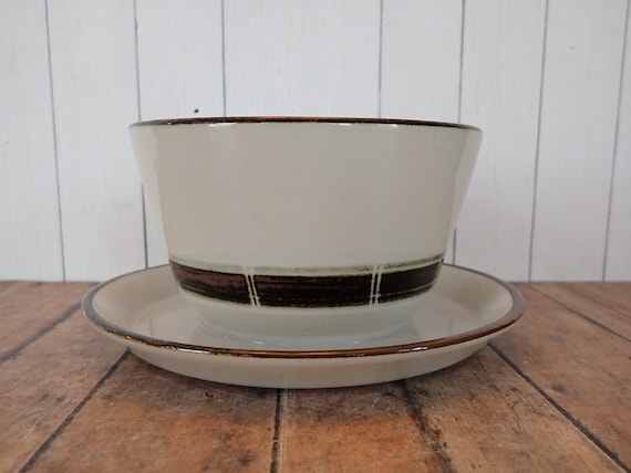 Vintage Desiree SELANDIA Stoneware Gravy Boat White with Brown Bands Danish Modern Mid Century