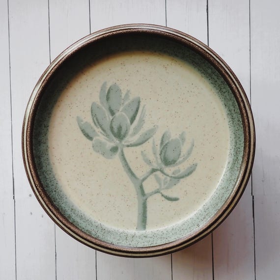 Vintage Mikasa Stone Valley CACTUS FLOWER Salad Plate Set of 8 Tan Stoneware with Green Floral Bud Design Harrison McIntosh