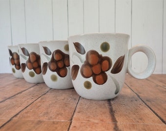 Vintage Noritake Folkstone Orinda Mug Flat Cup Set of 4 Stoneware Mugs White with Brown and Gray Flower and Leaf Design