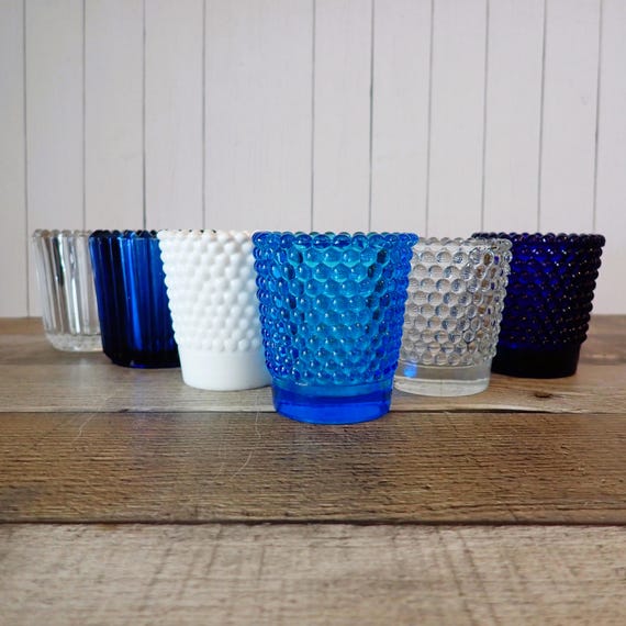 Vintage Mismatched Glass Votive or Tealight Candle Holder Set of 6 Blue White Clear Hobnail Mix and Match Set Shades of Blue
