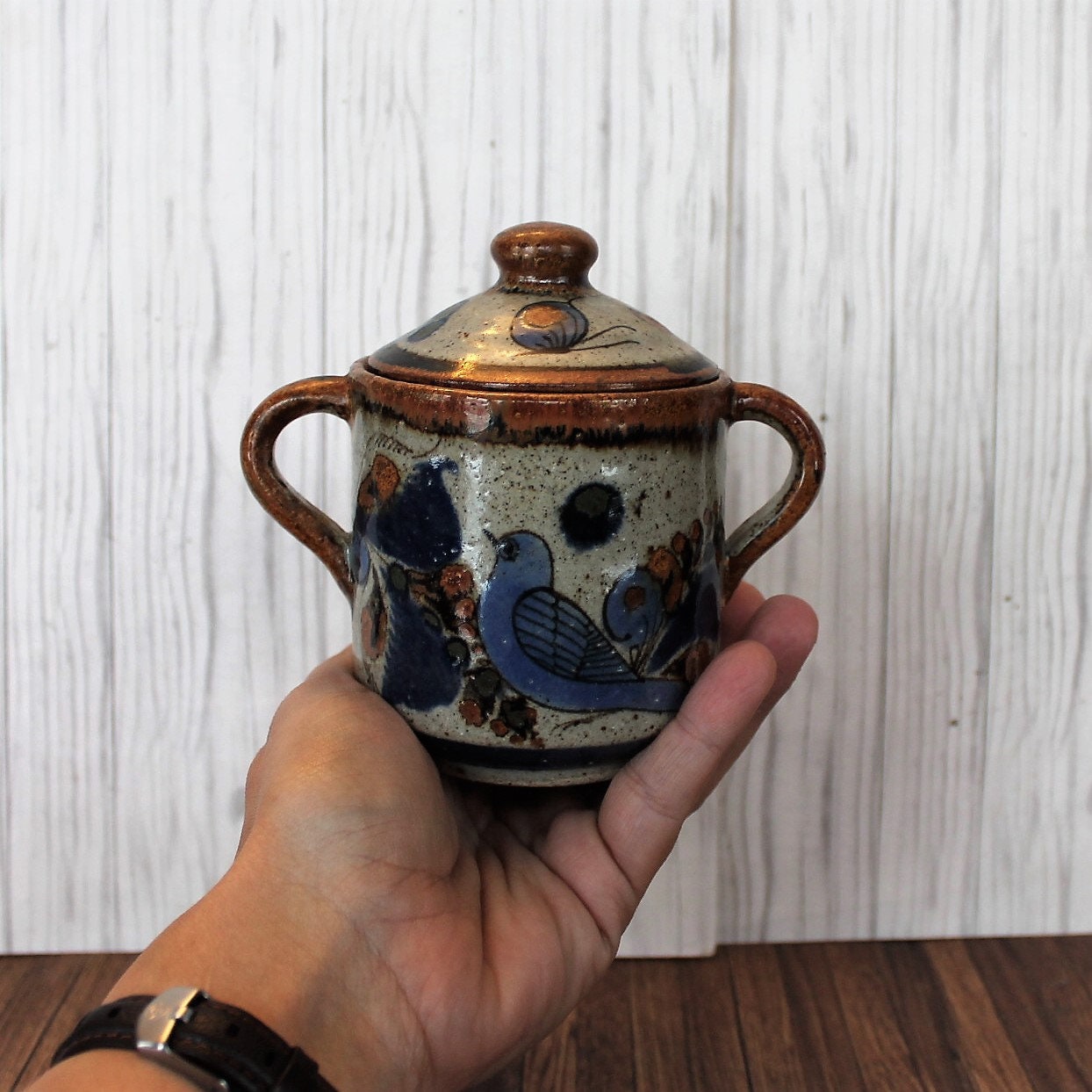 Vintage Tonala Pottery Sugar Bowl Dish with Lid Double Handle Blue Bird