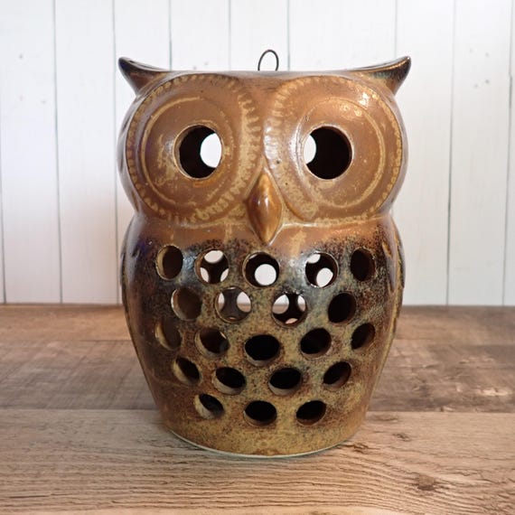 Vintage Large Stoneware Owl Tealight Votive Candle Holder Hanging Luminary Lantern Brown Ceramic Owl Figurine Candleholder Mid Century