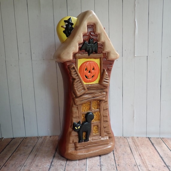 Vintage Ceramic Yozie Mold Haunted House Halloween Figurine Luminary with Black Cat Witch and Pumpkins