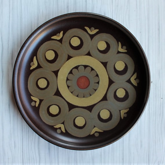 Vintage Denby Langley SAMARKAND Salad Plate Set of 4 or Set of 6 Brown Gold Rustic Stoneware Floral Leaf Medallion Design Made in England