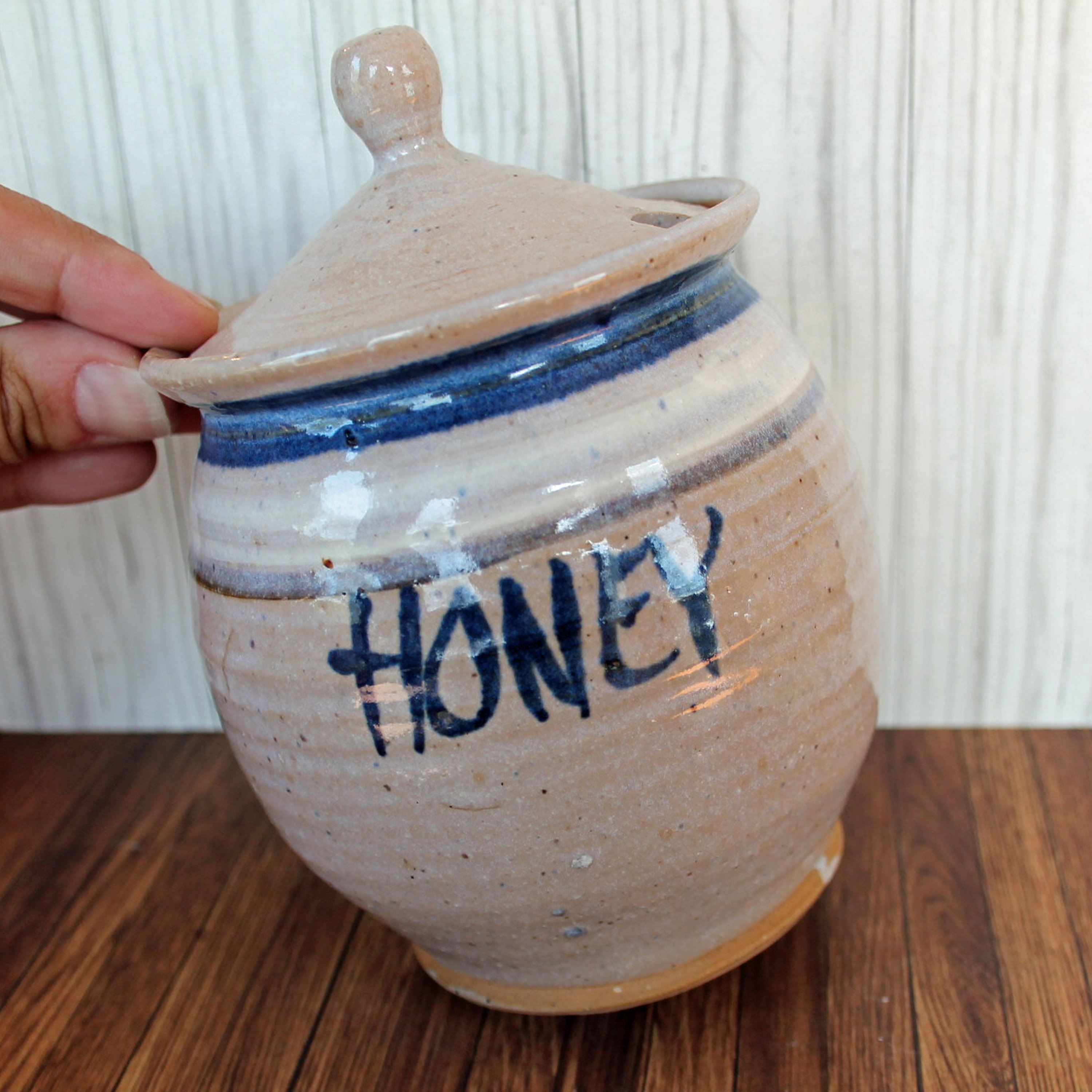 Vintage Dakota Stoneware Honey Pot Jar with Lid Grey Blue White Ceramic