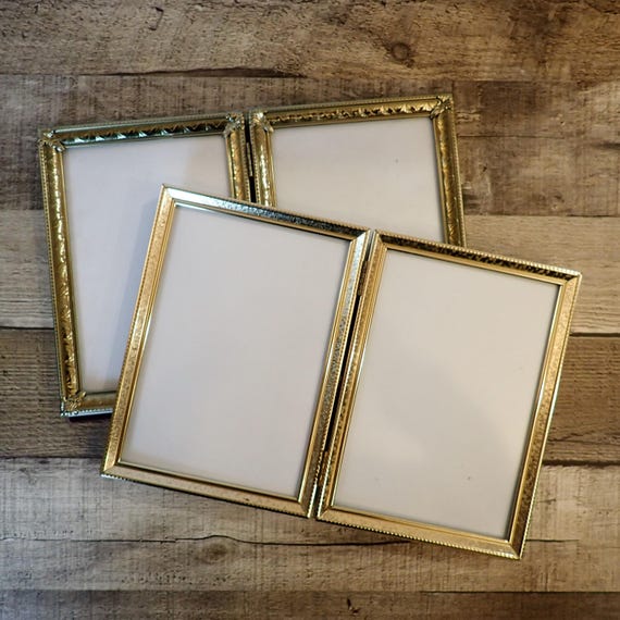 Vintage 5x7 Double Hinged Bi-Fold Metal Gold Brass Photo Picture Frame Set of 2 Frames 5" x 7" Bi Fold Frame