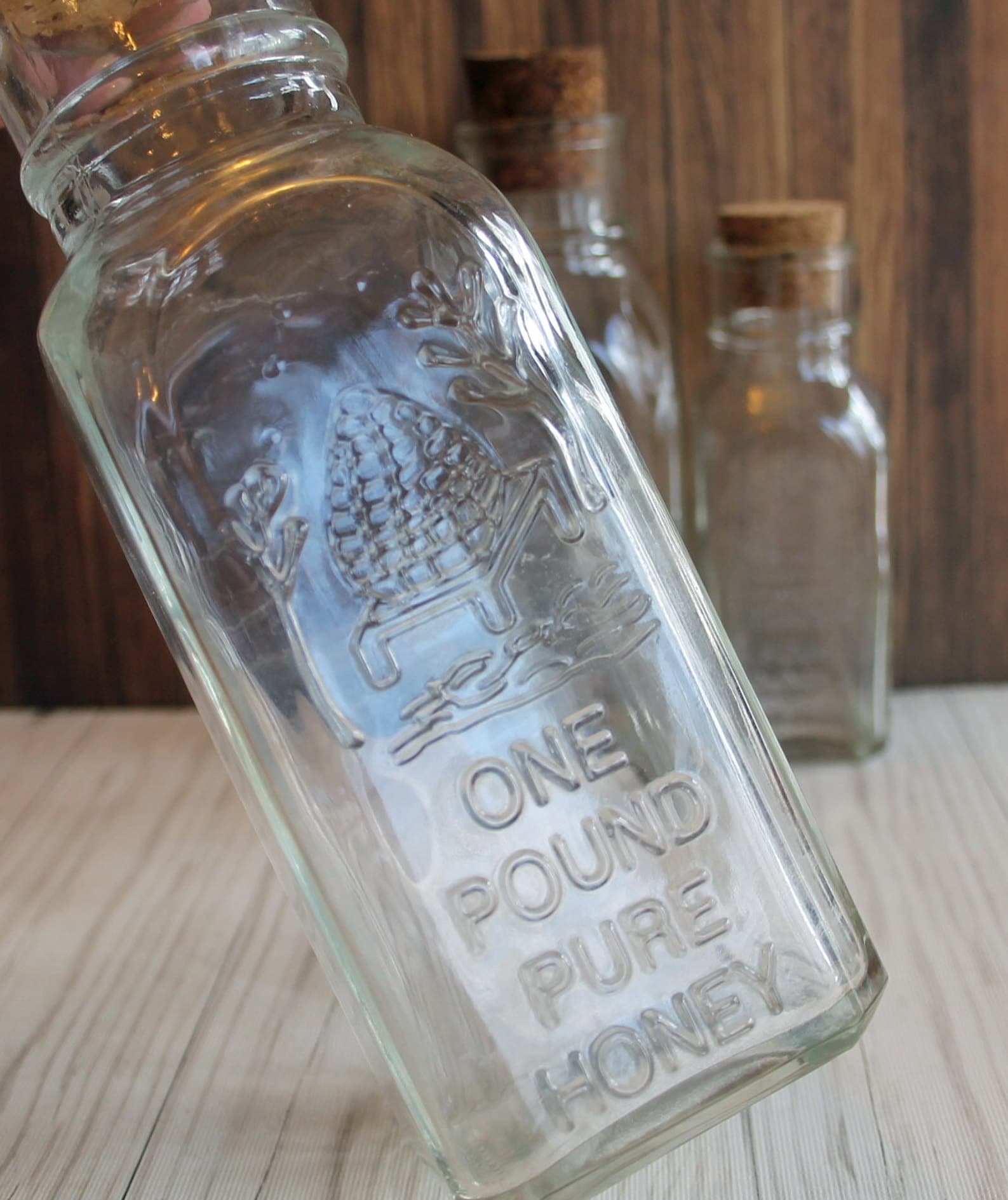 Vintage Glass Honey Bottles Jar with Cork Stopper Set of 3 Sizes Honey