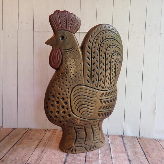 Vintage Brown Ceramic Rooster Figurine Faux Wood Carved Style